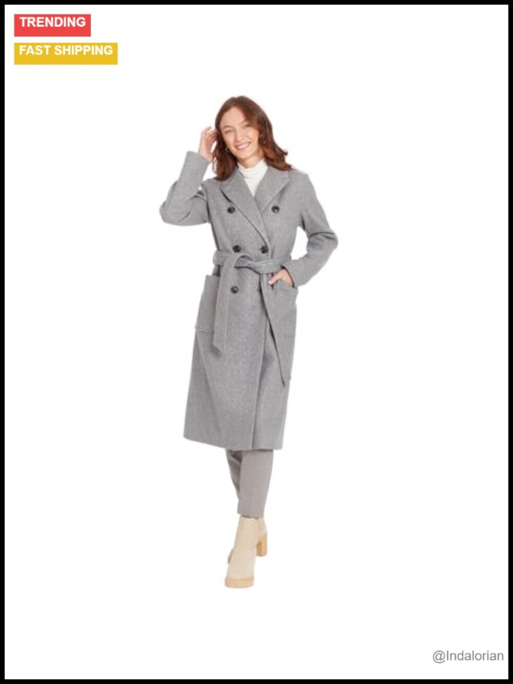 Wool Blend Trench Coat Double Breasted Notch Collar Belted Women's